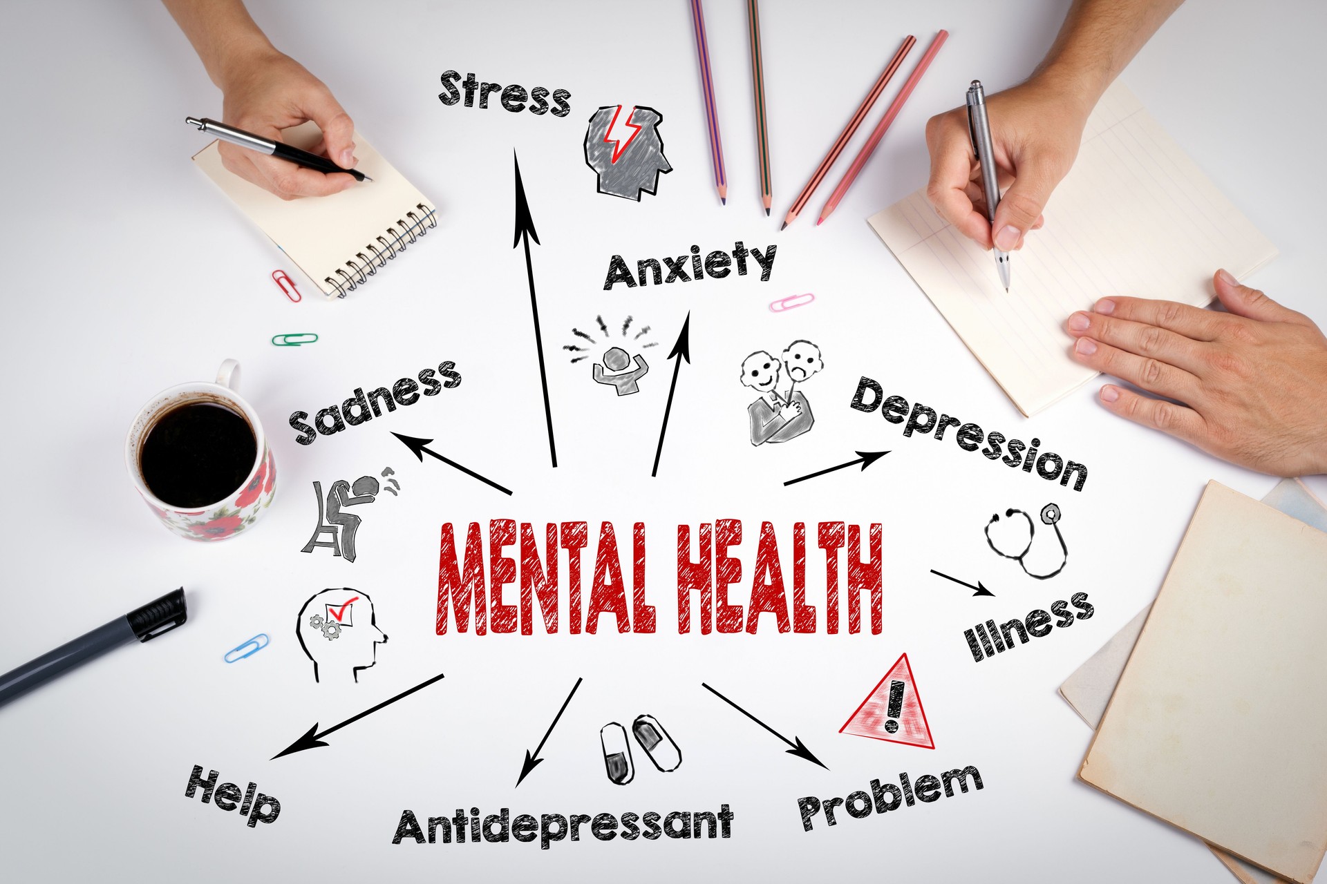 Mental Health Concept. Chart with keywords and icons. The meeting at the white office table
